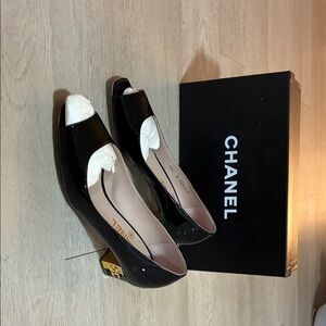 CHANEL Black Patent Leather Peep-Toe Heels